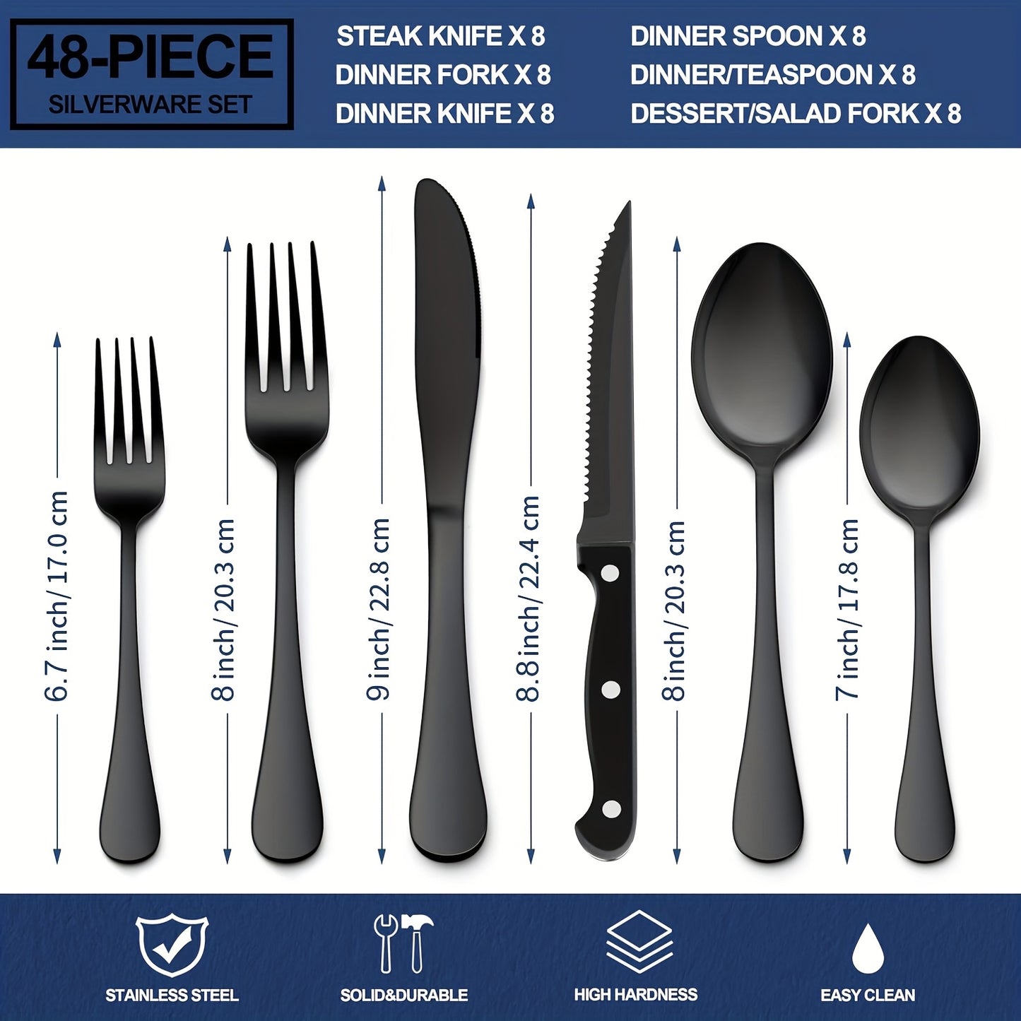 24/48pcs Black Silverware Set With Steak Knives Service For 4/8, Christmas Stainless Steel Flatware Set, Mirror Polished Kitchen Accessories, Home Kitchen Party Eating Tableware Set, Include Fork Knife Spoon Set, Dishwasher Safe (Silver, Black)