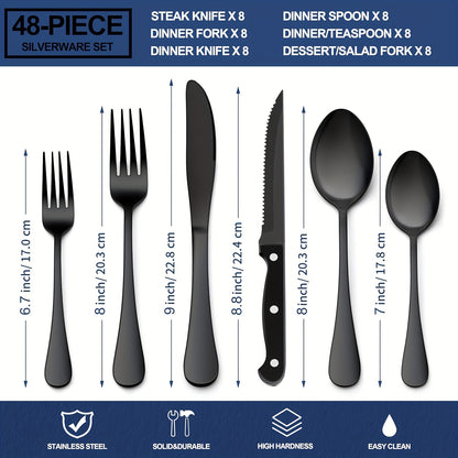24/48pcs Black Silverware Set With Steak Knives Service For 4/8, Christmas Stainless Steel Flatware Set, Mirror Polished Kitchen Accessories, Home Kitchen Party Eating Tableware Set, Include Fork Knife Spoon Set, Dishwasher Safe (Silver, Black)