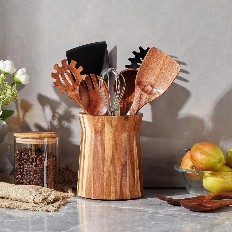 Wood Utensil Holder Compatible for Asian Chopsticks & Cutlery Organizer - Wood Insert-Mounted Space-Saving Countertop/Cabinet Storage with Chopstick Cage (No Screws/Adhesive) - Shelf for Spoons, Knives