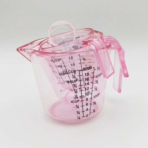 This Set Includes Four Pink Measuring Cups: 6 Oz, 12 Oz, And 20 Oz, Along with a 20 Ml Transparent Spoon. Made from -Safe PS Material, It Features Measurements in Ml, Oz, And Cups