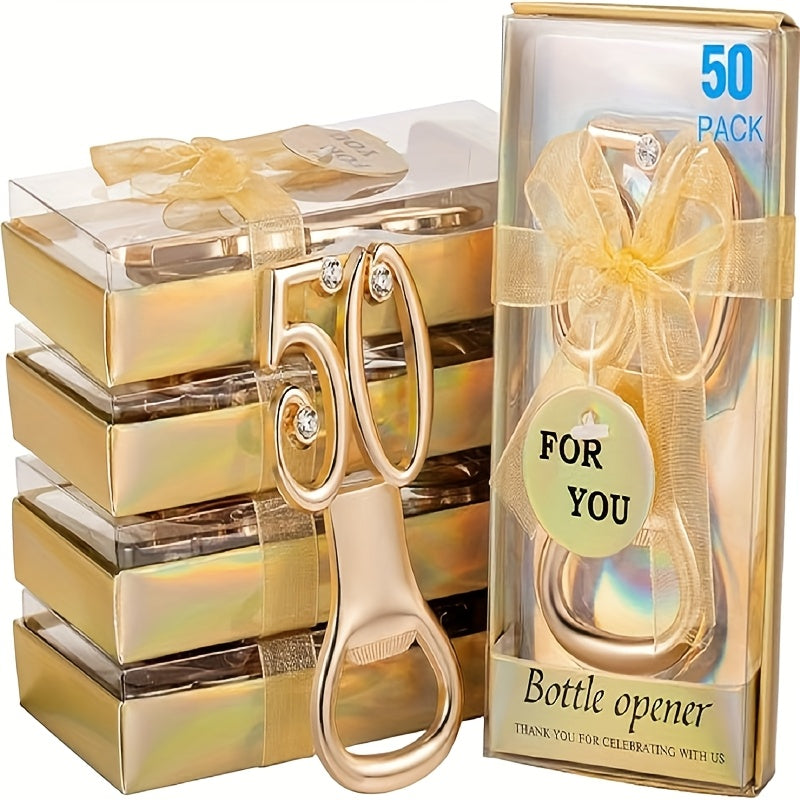50pcs Birthday Bottle Opener Party Favors Rhinestones Birthday Souvenirs Wedding Anniversary for Guests Beer Opener Party Favors Decoration(Golden, 50th Style)