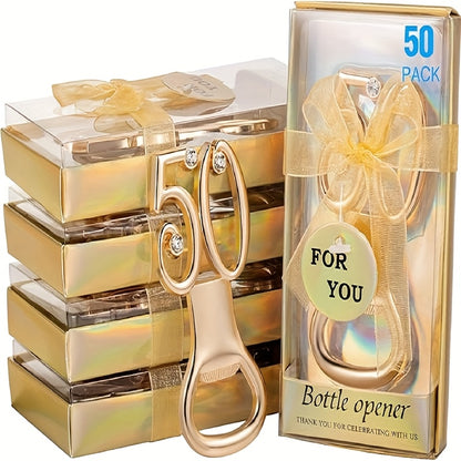 50pcs Birthday Bottle Opener Party Favors Rhinestones Birthday Souvenirs Wedding Anniversary for Guests Beer Opener Party Favors Decoration(Golden, 50th Style)