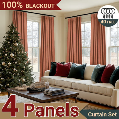4 Panels 100% Blackout Curtains for Living Room - Faux Linen Textured Curtains 4 Panel Set- Complete Thermal Insulated Drapes for Bedroom with Clip Rings Or Rod Pocket Options for Ultimate Darkness And Energy Efficiency Home Decor