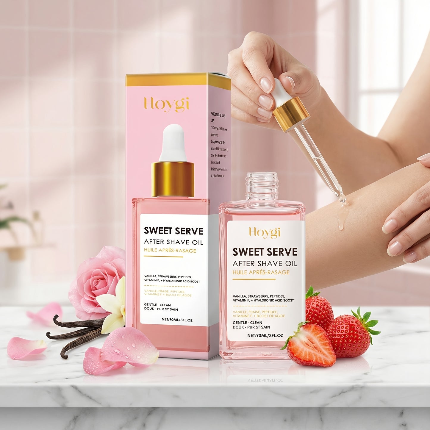 3.04oz Strawberry Scented Post-Shave Hair Removal Care Essential Oil, Enriched with Linolenic Acid And Hyaluronic Acid, Gently Moisturizes And Softens The Skin. Convenient And Portable for Easy Use, It Makes an Ideal Gift