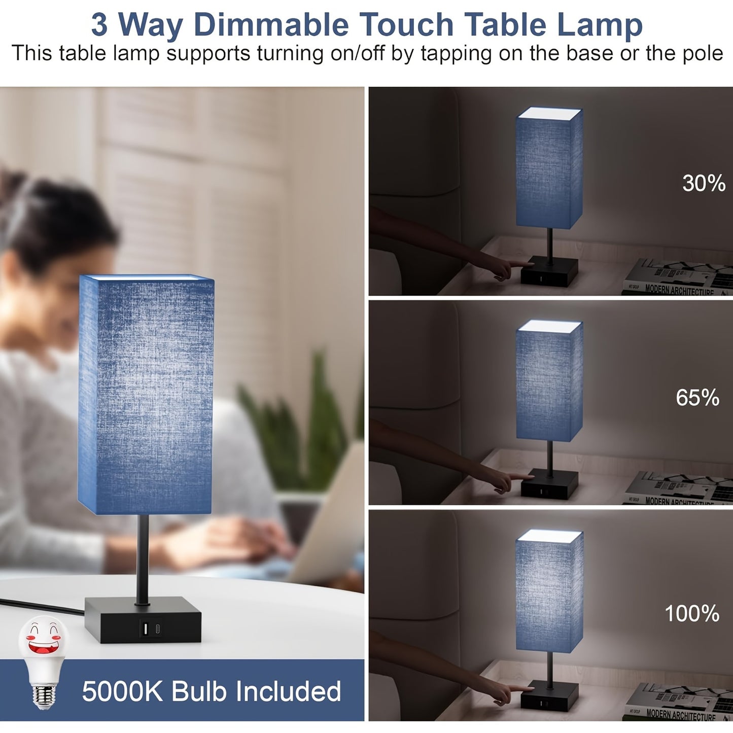 Set of 2 Bedside Lamps for The Bedroom, Featuring a 3-Way Dimmable Touch Function And USB C+A Charging Ports. These Compact Nightstand Lamps Are Perfect for Bedroom Decor And Living Rooms, And Come with LED Bulbs Included in an Upgraded Navy Blue De