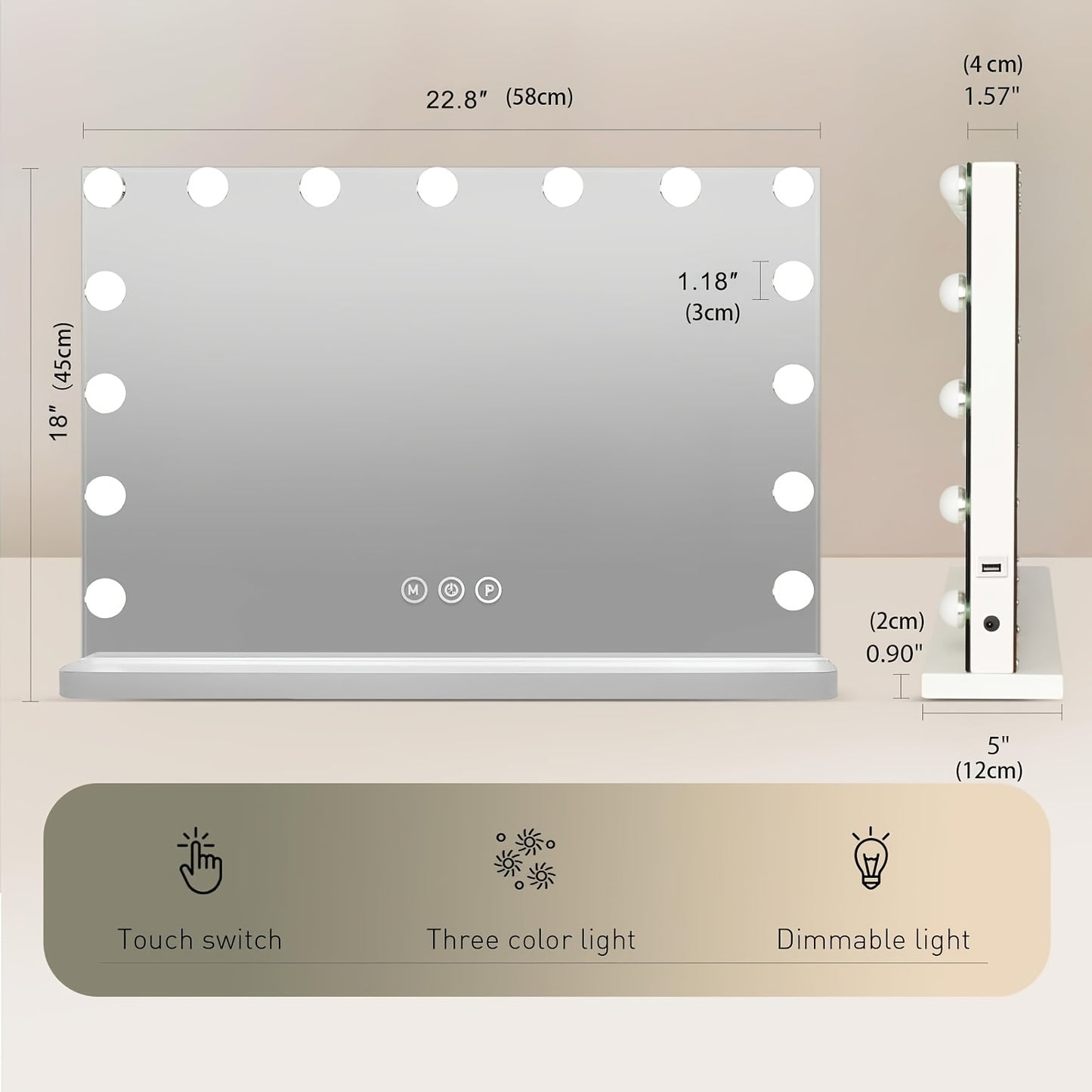 Hollywood Vanity Mirror with Lights – 15 LED Bulbs, 3 Color Modes, Dimmable Brightness, 23x18 Inch, USB & Type-C Charging, Touch Control, Desk & Wall Mount, Metal Frame Makeup Mirror