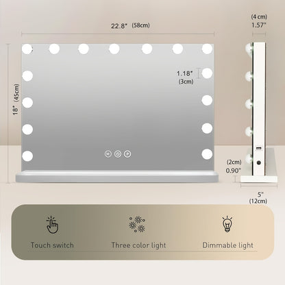 Hollywood Vanity Mirror with Lights – 15 LED Bulbs, 3 Color Modes, Dimmable Brightness, 23x18 Inch, USB & Type-C Charging, Touch Control, Desk & Wall Mount, Metal Frame Makeup Mirror