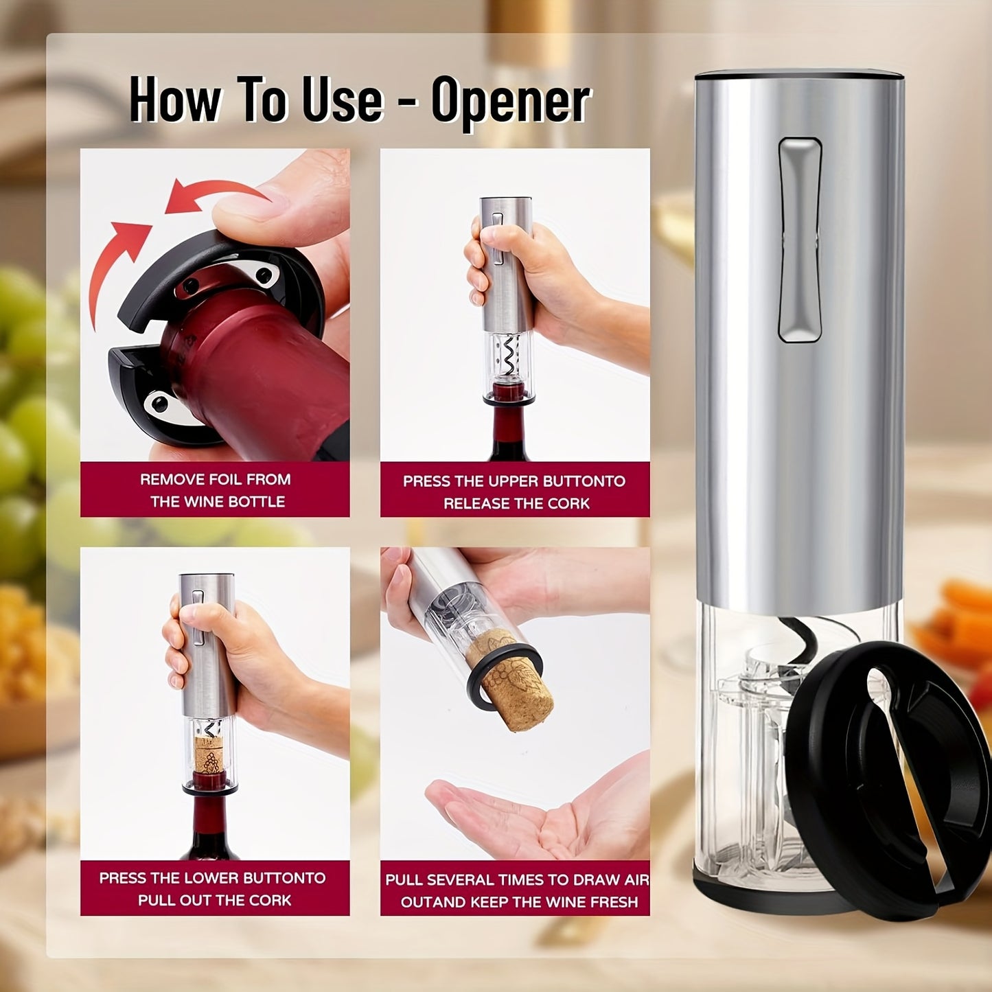 7-in-1 Electric Wine Opener Gift Set, Stainless Steel Automatic Corkscrew With Automatic Aerator Pourer, 2 Vacuum Stoppers, Foil Cutter, Storage Base Rechargeable Corkscrew Kit For Wine Lovers