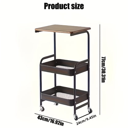 Storage Trolley with Wheels 3-Tier Wooden Tabletop Rolling Cart - Reinforced Black Metal Frame, Locking Casters, Multi-Use Organizer for Kitchen, Office, Bedroom & Living Room, Easy Assembly Printer Stand