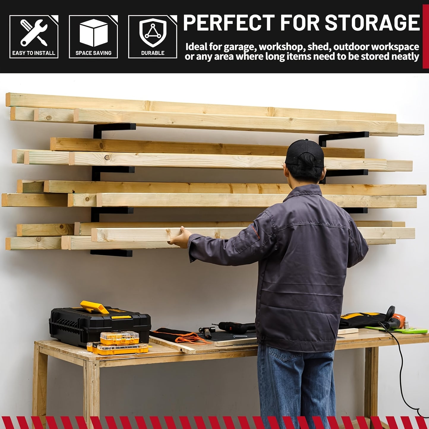 Lumber Storage Rack Wall Mount Wood Storage Racks, Metal Wood Organizer Racks For Shed, Workshop, Garage, Holds Up 800 LBS Per Level (4-Level, Black) Valentine'S Day Gifts For Men, Boyfriends, Husbands, And Partners