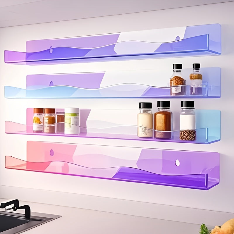 Iridescent Acrylic Floating Shelves Wall Mounted – Colorful Rainbow Storage Rack for Nail Polish, Cosmetics & Sundries, Art Deco Style Bathroom & Bedroom Shelf, 2 or 4 Pack (Pink / Macaron / Clear)