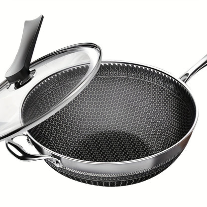 13.3 Inch Stainless Steel Wok with Lid And Spatula, Non Stick Stir-fry Pans with 2pcs Kitchen Accessories Gadgets, Kitchen Must Haves, Compatible with All Cooktops, And Closeout