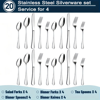 60/20pcs Stainless Steel Silverware Set - Heavy Duty Commercial Silverware for Restaurants, Weddings & Home | Dishwasher Safe, Rust-Proof, Non-Toxic | Bulk Kitchen Tableware with Gift Box The Best Gifts for Thanksgiving And Christmas