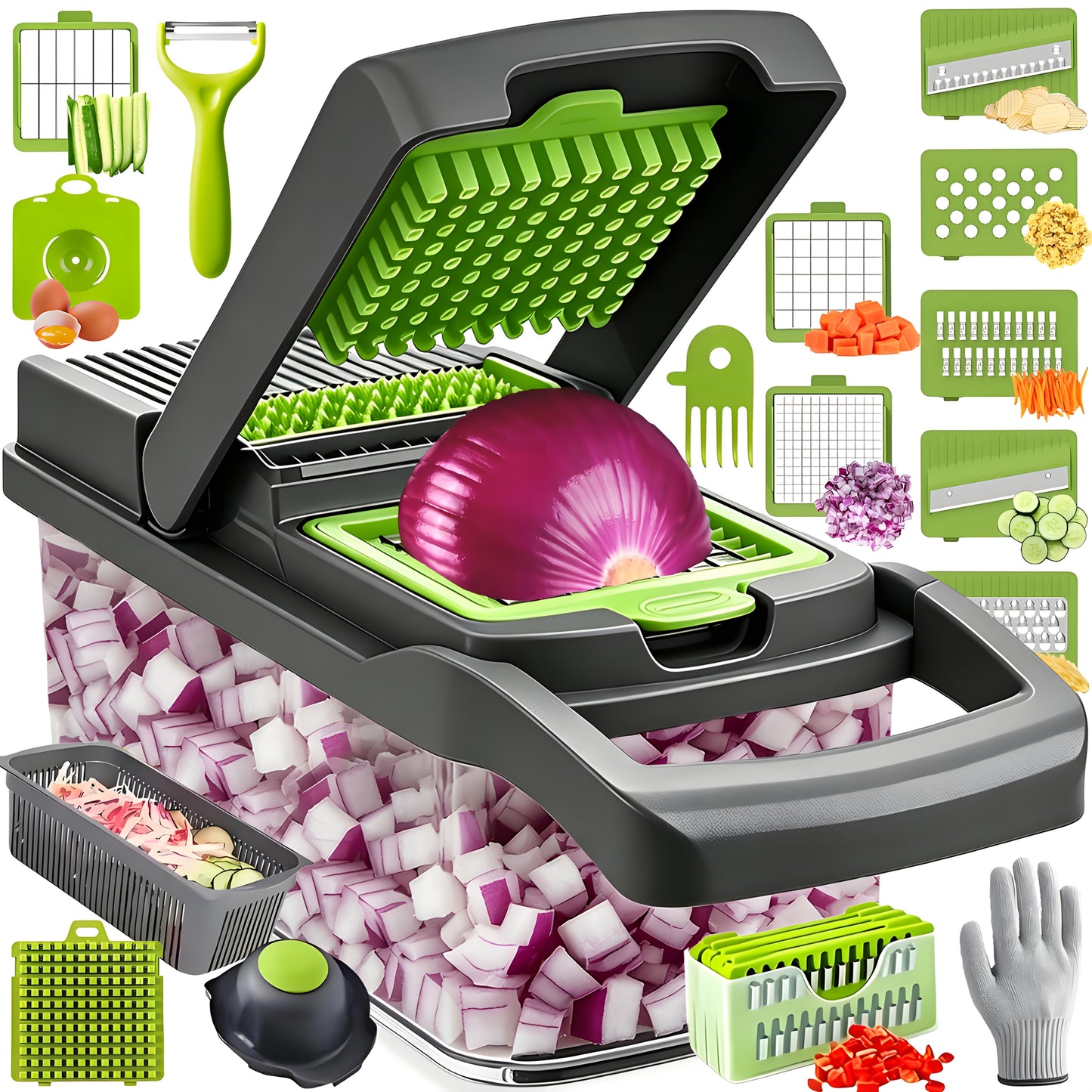 Vegetable Chopper, Onion Chopper, Mandolin Slicer, 18/9-In-1 Professional Food Chopper, Multifunctional Vegetable Chopper And Slicer, Dicing Machine, Adjustable Vegetable Cutter (With Container) (Gray)