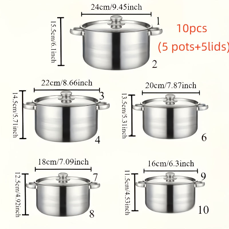 10/12/15pcs Stainless Steel Cooking Pots Stainless Steel Cookware Set, Stainless Steel Cooking Pot, 5Pots + 5 Lids, 6Pots + 6Lids+3Pads, Stainless Steel Double Handles with Lid, for Home And Restaurant Cooking, Suitable for Soup, Hot Pot, Noodles