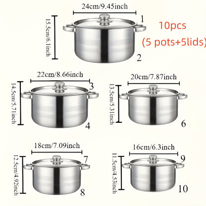 10/12/15pcs Stainless Steel Cooking Pots Stainless Steel Cookware Set, Stainless Steel Cooking Pot, 5Pots + 5 Lids, 6Pots + 6Lids+3Pads, Stainless Steel Double Handles with Lid, for Home And Restaurant Cooking, Suitable for Soup, Hot Pot, Noodles