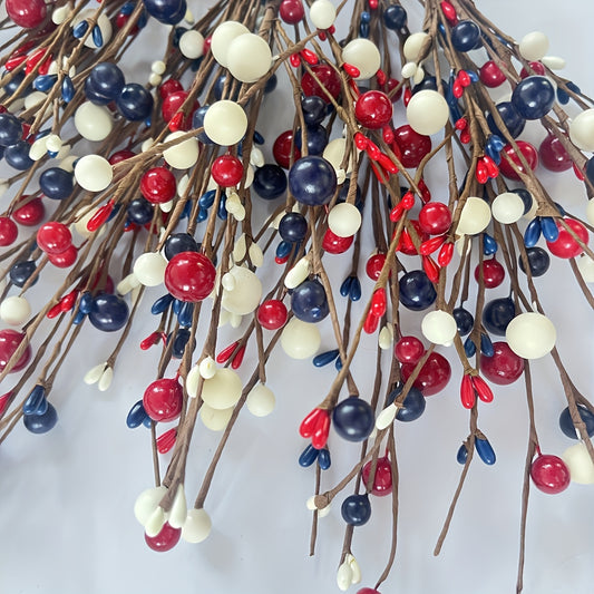 Artificial Berry Branches Red White Blue Patriotic Decor – 5pcs Fake Plastic Stems for Home Tabletop Vase Floral Arrangement Fourth of July