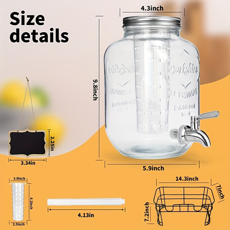 2pcs, 1-Gallon Glass Beverage Dispenser Set, with Stand And Stainless Steel Spigot, Leak-Proof. Lemonade Dispenser with Ice Tube, Ideal for Kitchen, Camping, Parties, Halloween, And Christmas