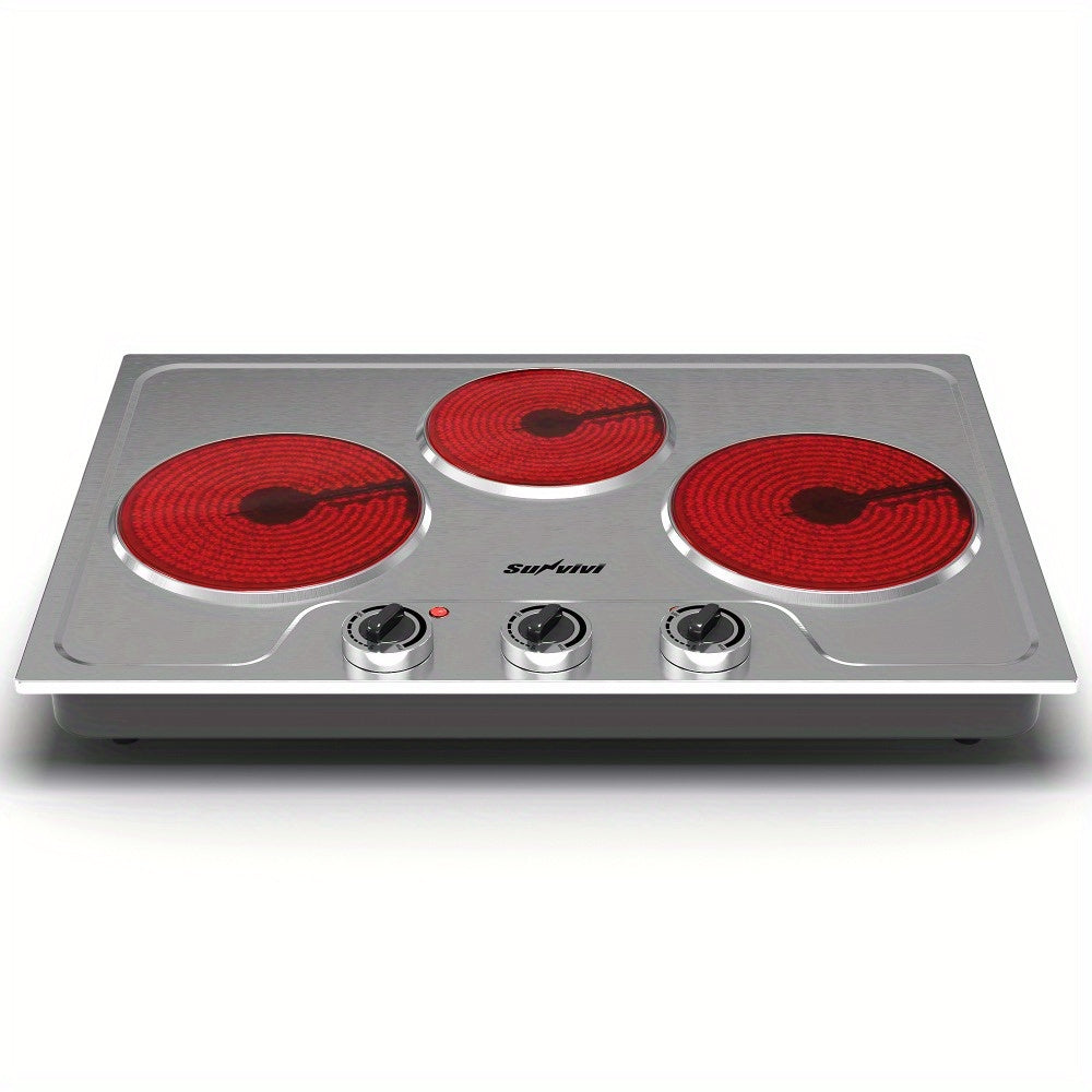 [Portable Electric Cooktop] Royalcraft 1800W Electric Stove Triple Burner Portable Electric Cooktop, Knob Control Indicator Light, Compatible With All Cookware, Countertop Stove For Cooking, Silver