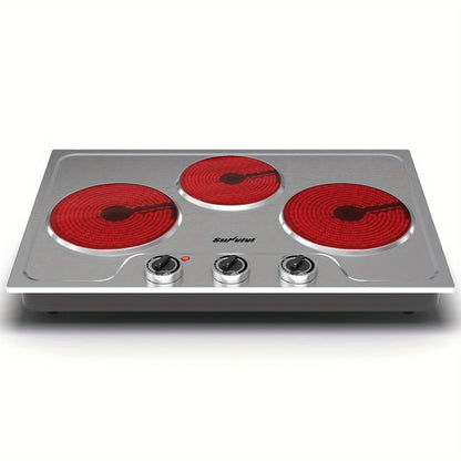 [Portable Electric Cooktop] Royalcraft 1800W Electric Stove Triple Burner Portable Electric Cooktop, Knob Control Indicator Light, Compatible With All Cookware, Countertop Stove For Cooking, Silver