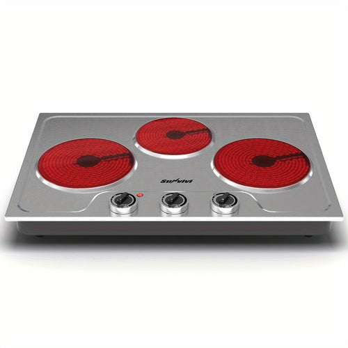 [Portable Electric Cooktop] Royalcraft 1800W Electric Stove Triple Burner Portable Electric Cooktop, Knob Control Indicator Light, Compatible With All Cookware, Countertop Stove For Cooking, Silver