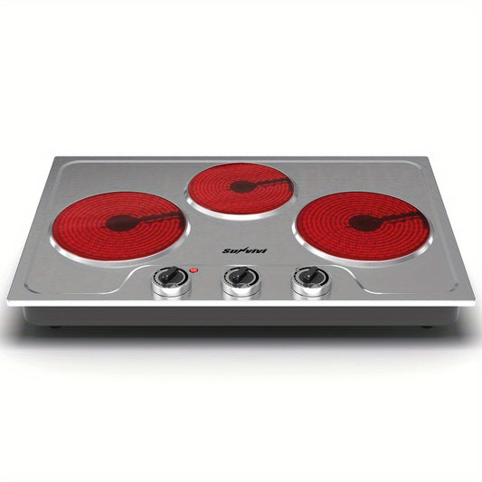 [Portable Electric Cooktop] Royalcraft 1800W Electric Stove Triple Burner Portable Electric Cooktop, Knob Control Indicator Light, Compatible With All Cookware, Countertop Stove For Cooking, Silver