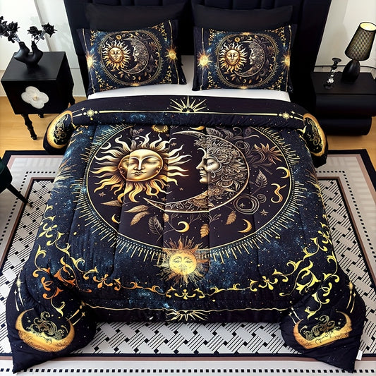2D Flat 3pcs Golden Sun And Moon Planet Intensification Quilt Set(1 Comforter+2 Pillowcases Without Pillow Core), Contains Padding 180gsm Quilting Soft Ventilate Digital Printing Bedroom Dormitory Room Decor King Size Quilt Cover Set