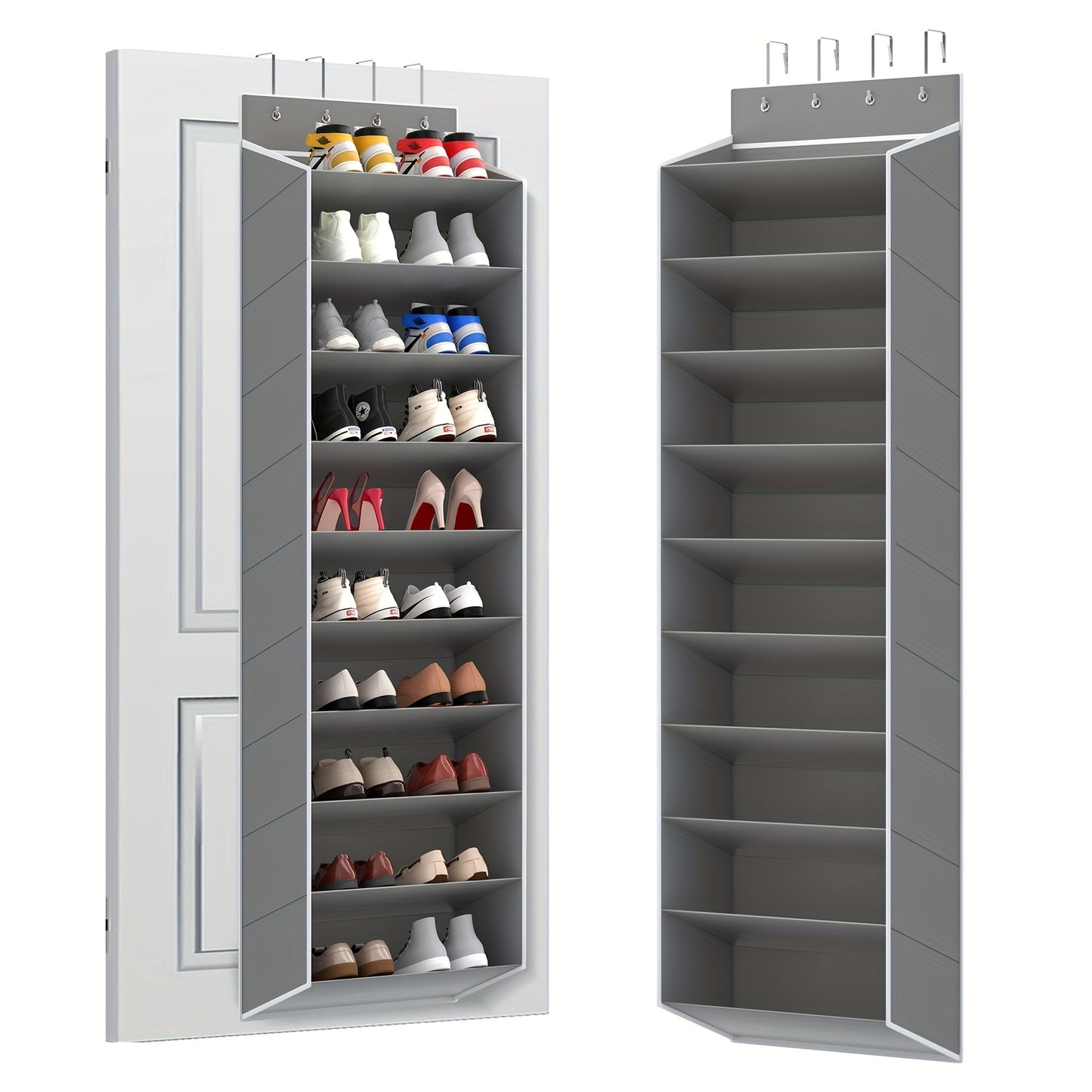10-Tier Large Capacity Over-the-Door Shoe Rack, Hanging Storage Organizer with 4 Metal Hooks, Holds Up to 20 Pairs of Shoes