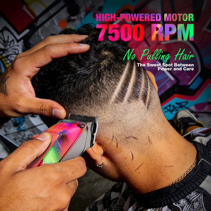 Professional Hair Clippers for Men – 7500RPM Cordless Barber Clipper Kit with Graffiti Metal Body, Zero-Gapped Adjustable Blade, 10 Color Guide Combs & Storage Bag, Fade Clipper for Home & Salon Use