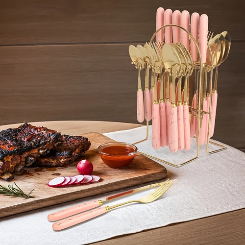 24pcs Cutlery Set, Elegant Marble Pattern Multi-Functional Tableware, Suitable for Restaurants and Desserts, Includes Dinner Forks, Soup Spoons, and Teaspoons - Ideal for Home and Hotel Kitchen Dining, Fanyishu Outdoor Tableware