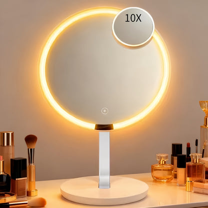 LED Makeup Mirror with Lights & 10X Magnification - Touch Dimming Desktop Vanity Mirror, Adjustable Brightness, Portable Handheld Design for Bathroom, Bedroom & Office, Ideal Gift for Women