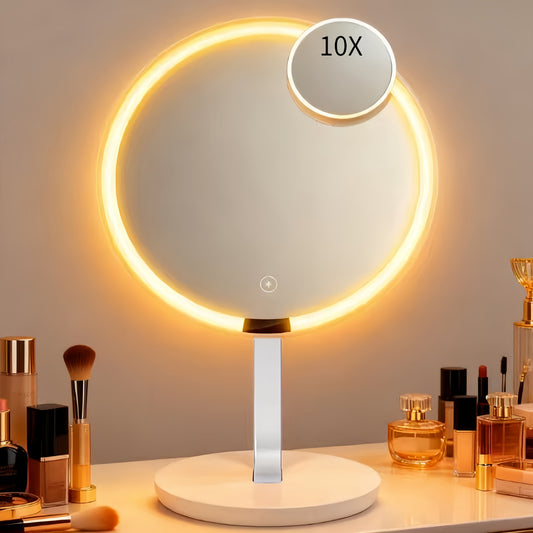 Desktop LED Makeup Mirror with Lighting Function, Touch-sensitive Bathroom Mirror with Adjustable Brightness, Portable Handheld Design. Suitable for Home Decor, Office, and Bedroom. Includes a 10X Magnifying Mirror. An Ideal Gift for Women