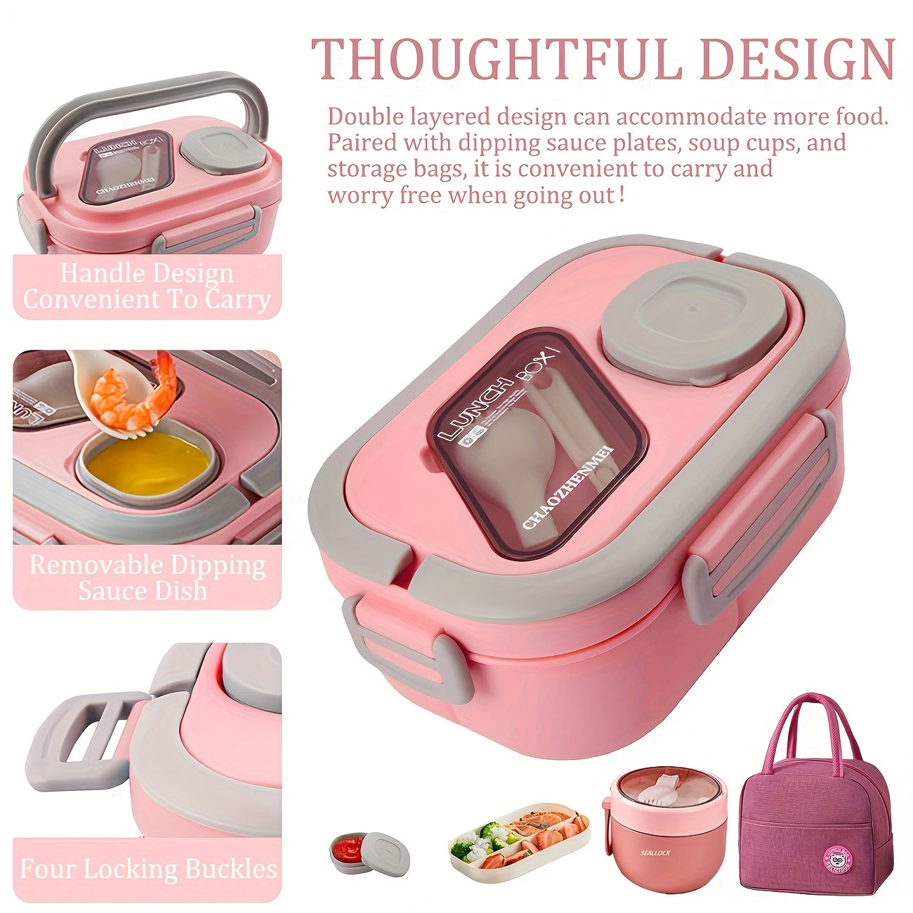 2-Layer Bento Box Set with Multiple Compartments | Bento Box, Cup, Bag, Cutlery, and Sauce Box - Microwave Safe, Temperature-Retentive, Suitable for School, Work, and Outdoor Meals