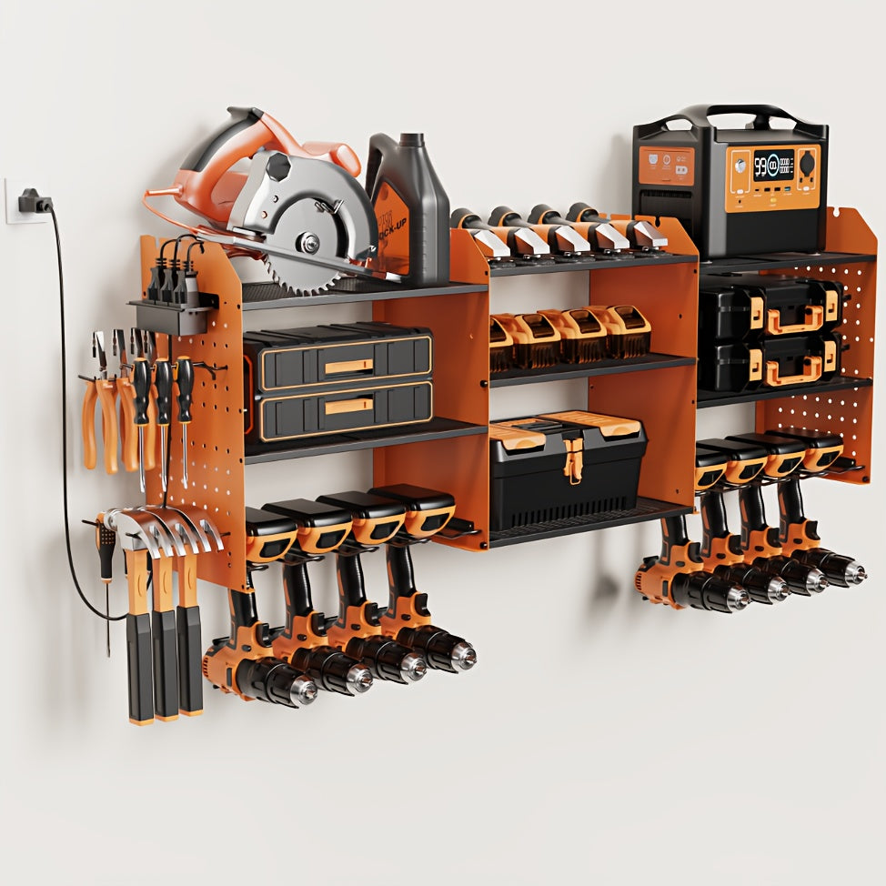 Power Tool Organizer Wall Mount with Charging Station | 3-Layer Cordless Drill Holder Storage Rack 45.5 Inch Heavy Duty – Adjustable Garage Tool Shelf for Workshop & Tool Room