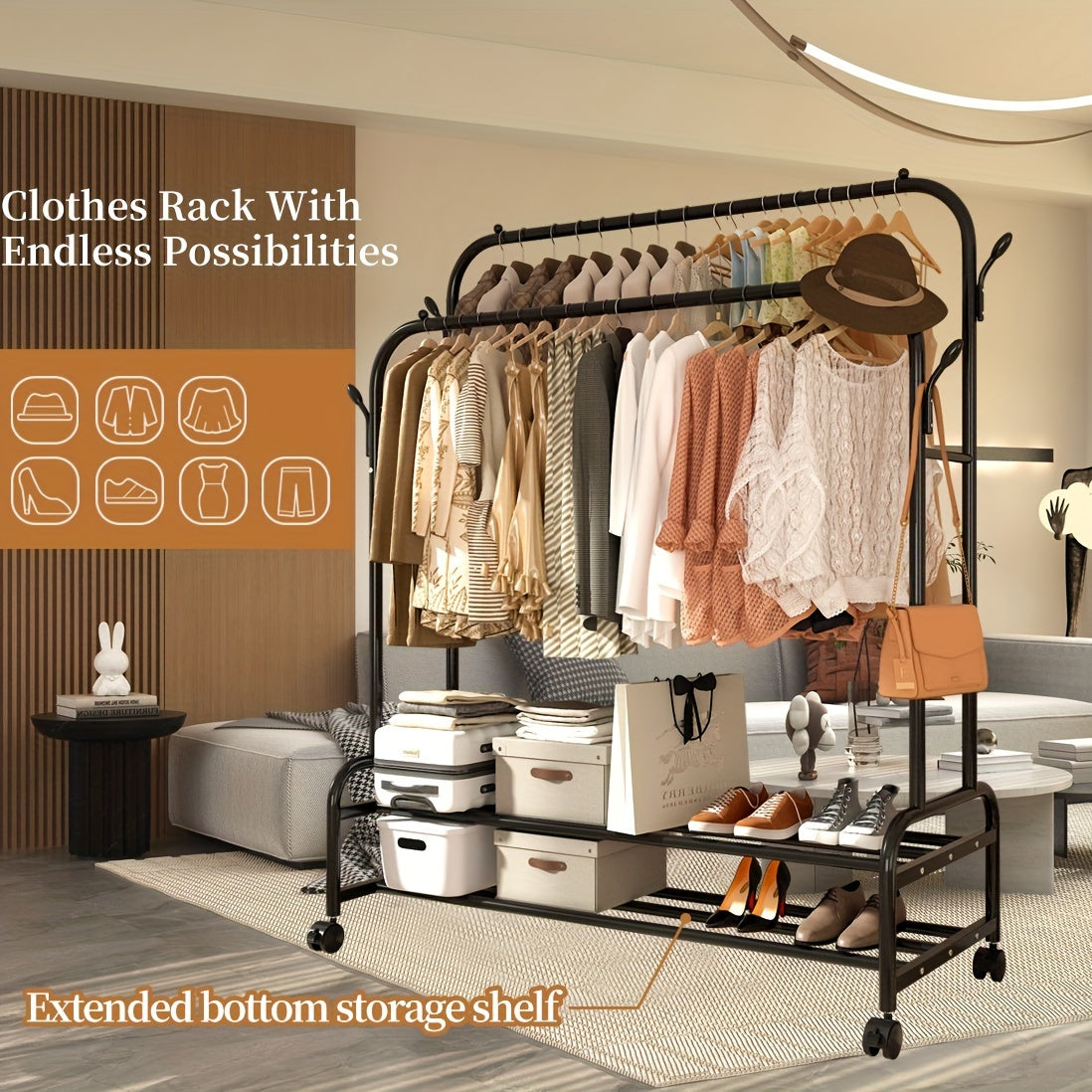 Durable Metal Clothing Rack with Double Rods And Wheels, Featuring Shelves And Hooks, Designed for Heavy-Duty Use to Hang Garments, Versatile Closet Solution for Bedrooms, in Black