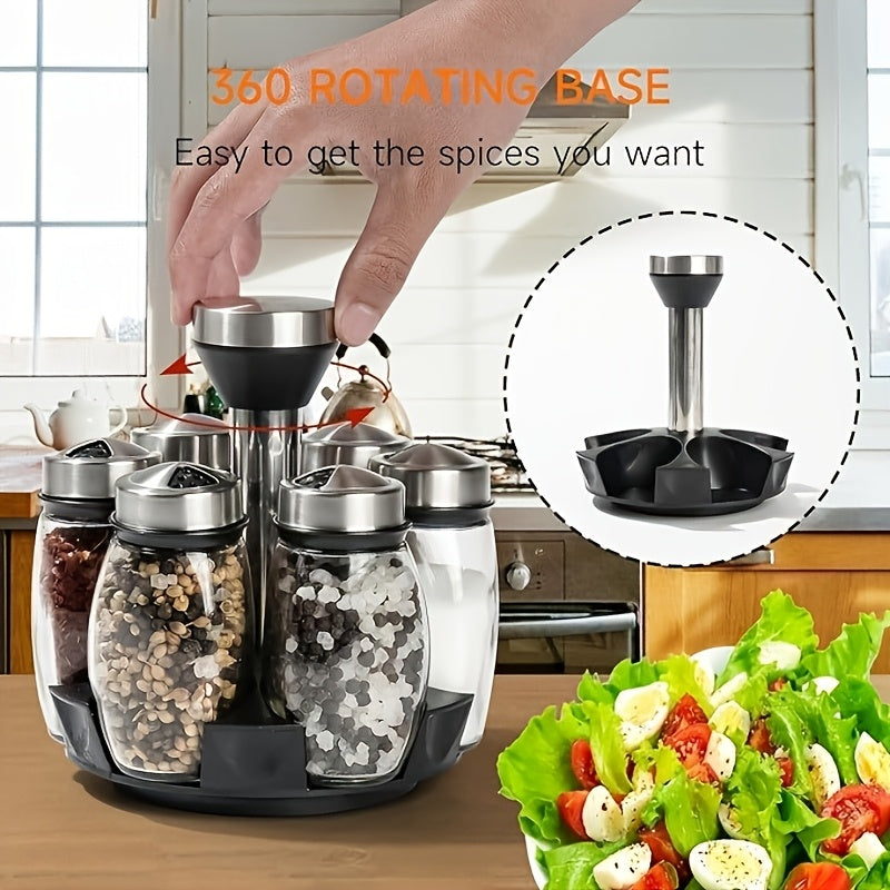Glass Spice Jar Set with Rotating Rack – Airtight Kitchen Spice Organizer with 360° Stainless Steel Stand – Food Grade Glass Seasoning Bottles for Pantry, Cabinet & Countertop Storage – 6 or 12 Piece