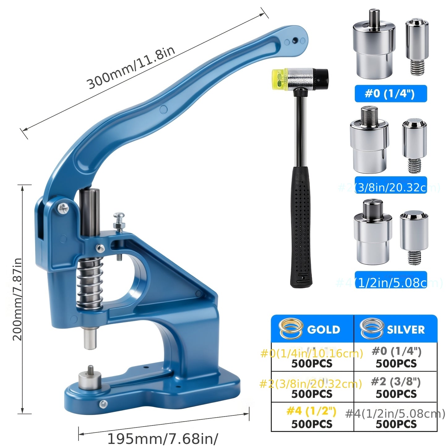 Grommet Machine Kit Heavy Duty Eyelet Punch Tool Set – 3 Setting Dies 3 Punching Dies 6mm 10mm 12mm Hand Press with 3000 Silver & Gold Grommets for Fabric Leather Canvas Tarp Crafts