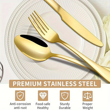 30pcs Golden Stainless Steel Silverware with Gift Box Set, 6 People Golden Knives, Forks And Spoons Flatware Set, Mirror Polishing, Exquisite Wooden Box Packaging, Ideal for Business Gifts, Weddings, Celebrations, Banquets