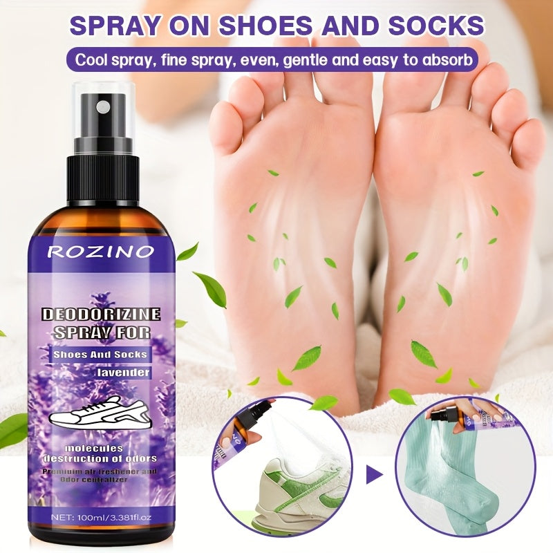 Set of 2 Rozino Lavender Foot Deodorizer Spray - Allergy-Friendly Odor Management, Fast-Drying & Enduring Freshness for Feet, Socks, And Shoes - Natural Lavender Fragrance, 3.38 Fl. Oz, Foot Deodorizer, Stylish Bottle Design, Glycerin-Based Formula