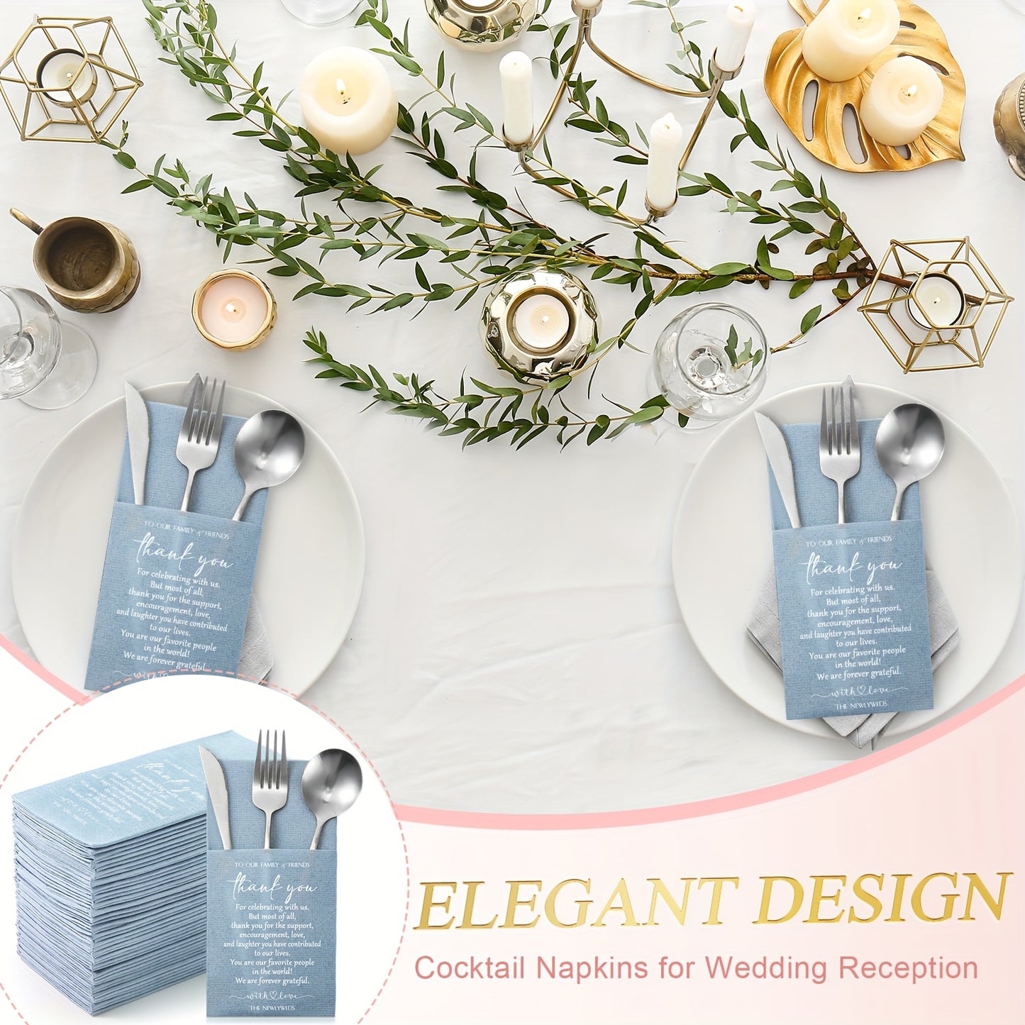 100-Piece Solid Color Thank You Wedding Napkins, Cocktail Napkins for Newlyweds, Guests, Family and Friends, with Built-in Utensil Pocket, Tissue Napkins for Bridal Shower, Rehearsal Dinner, Party Supplies, Haze Blue