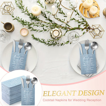100-Piece Solid Color Thank You Wedding Napkins, Cocktail Napkins for Newlyweds, Guests, Family and Friends, with Built-in Utensil Pocket, Tissue Napkins for Bridal Shower, Rehearsal Dinner, Party Supplies, Haze Blue