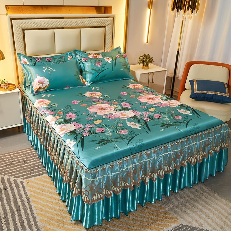 3pcs Double Layer Ruffle Bed Skirt Style Cool Mat Three Piece Set with Pillowcase Washable High Weight 360° Full Wrap