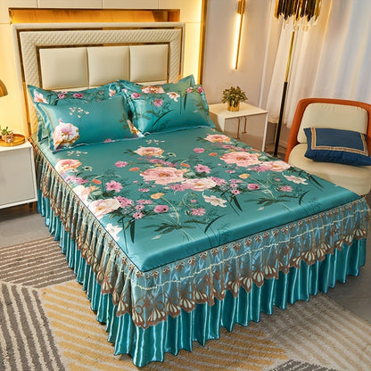 3pcs Double Layer Ruffle Bed Skirt Style Cool Mat Three Piece Set with Pillowcase Washable High Weight 360° Full Wrap