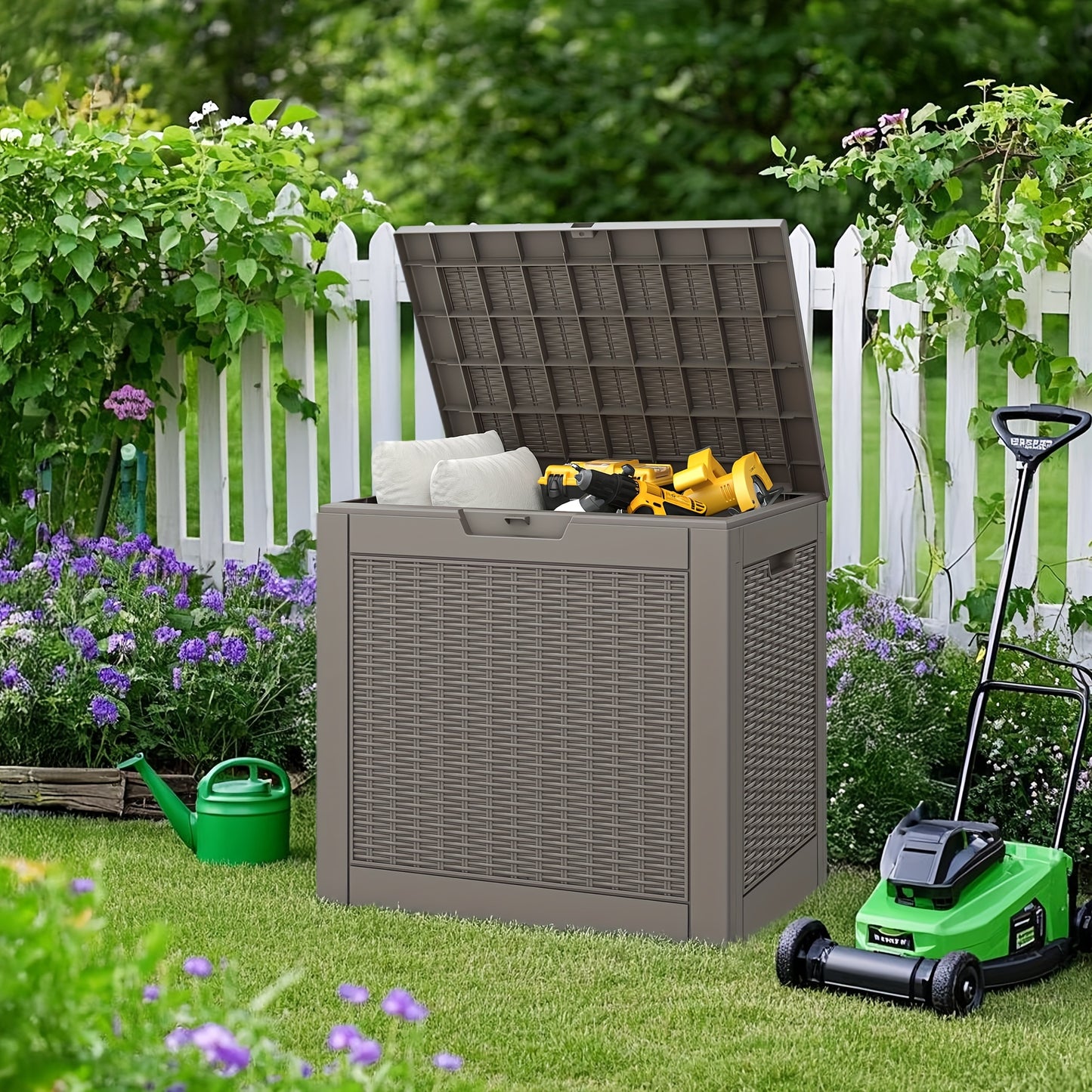 Outdoor Deck Box 35 Gallon Waterproof Resin Storage Box with Side Handles for Patio Garden Backyard Tool Organization Greenhouse Yard Furniture Cushion Storage