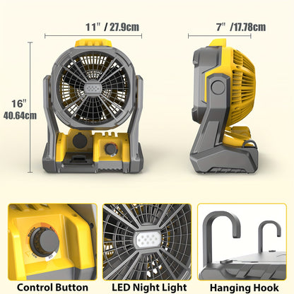 Portable Electric Fan for Camping by A, Compatible with for Dewalt 20V Max, Features Cordless Operation, Adjustable Speed, Built-In LED Lights, And a Hook for Hanging. Sold Separately