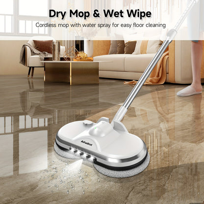 Cordless Electric Spin Mop Floor Cleaner with LED Headlight & Water Spray Tank – Powerful Wireless Spinning Mop for Hardwood & Tile Floors, Quiet Motor, Self-Cleaning & Waxing Function (White)
