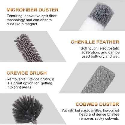 9/12pcs Microfiber Duster Kit for High Ceiling, Extendable Dusters for Cleaning with 100" Extension Pole, Washable and Retractable Long Feather Duster for Home Car Furniture Cobweb, Blinds, House Cleaning Tool Kit