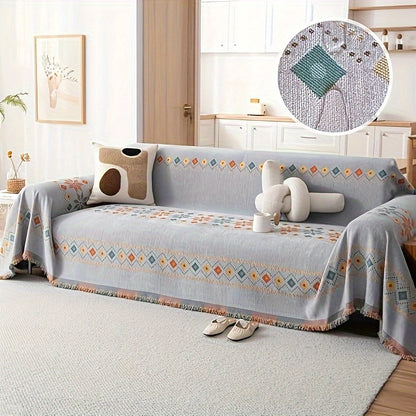 1pc Bohemian Sofa Cover with -Style Embroidery - Chenille Fabric Fit for Single/Double/Triple/Quad Sofas, Sofa Compatible for -Section Couches, Machine Washable (No Padding)