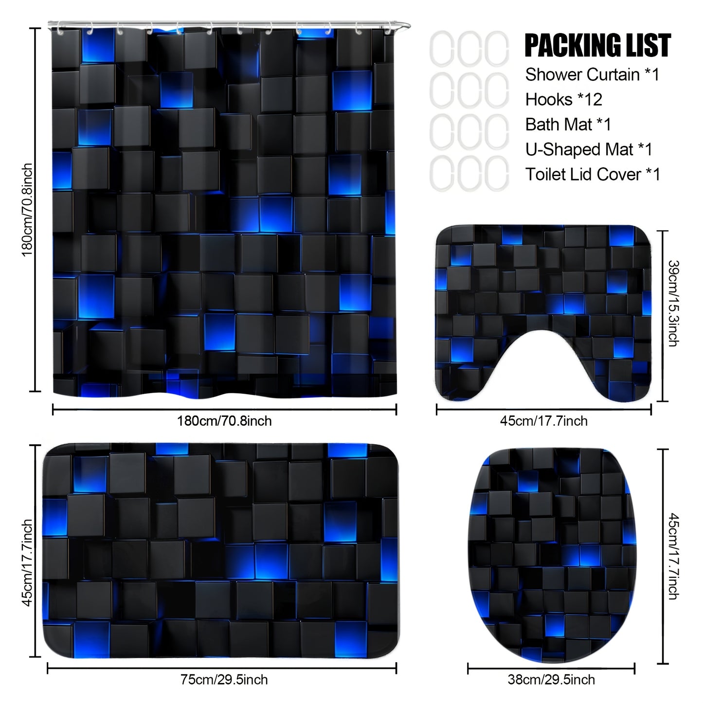Complete Bathroom Set Featuring a Dark Blue Geometric Design, Including a Blue-Black Shower Curtain, 12 Hooks, a, And a Seat Cover, All with a Modern Abstract Cube Pattern