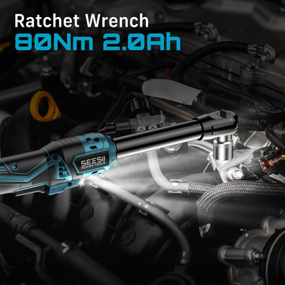 Seesii 21V Cordless Electric Ratchet Wrench Set, 59Ft-lbs 400RPM Power Ratchet Wrench 3/8", Variable Speed Trigger, 2x 2.0A Batteries & Charger, 8 Sockets, 3" Extension Bar, 1/4" And 1/2" Adapter